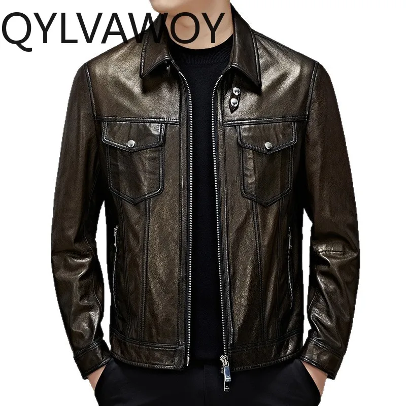 

QYLVAWOY Real Sheepskin Man Leather Jacket New Motorcycle Leather Jacket High-end Short Lapel Coat Multi-pocket Jackets for Man