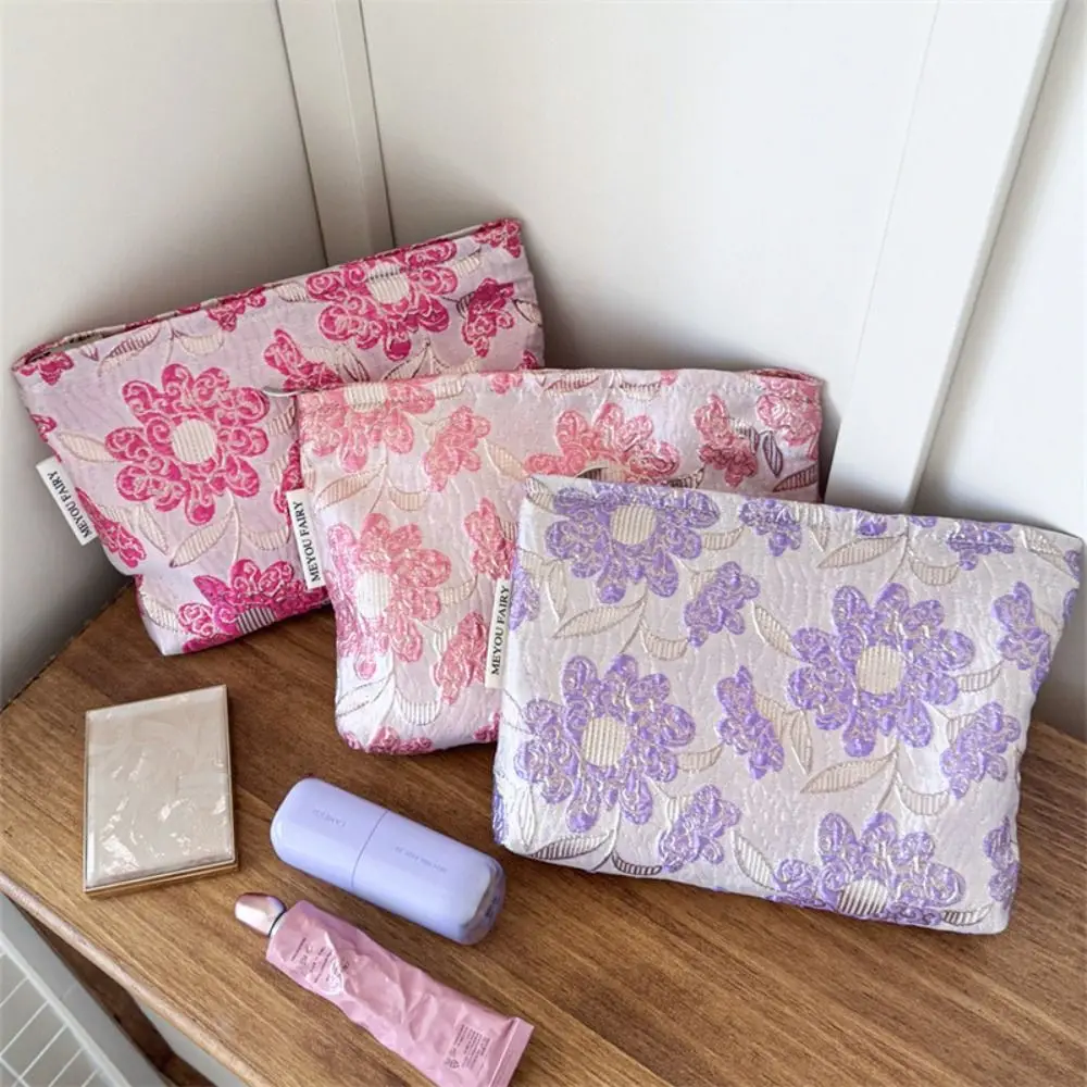 Jacquard Fabric Makeup Bag Embroidered Floral Wide Opening Cosmetic Pouch Zip Closure Lightweight Travel Organizer Daily Carry