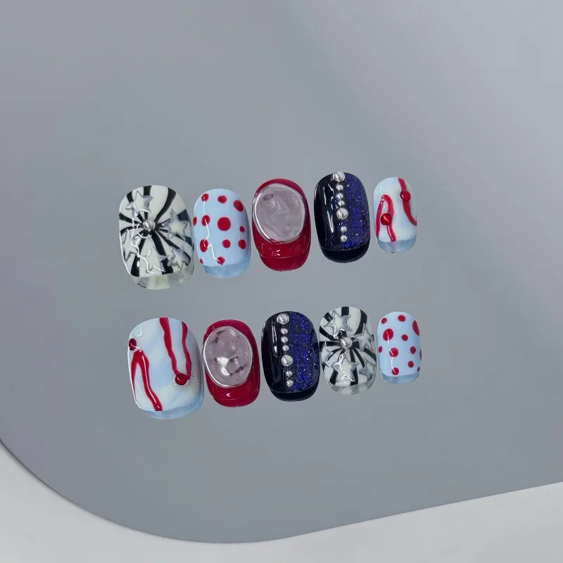10PCS Punk Style Short Square Handmade Press on Nails Red Polka Dots Metallic Silver Star Fake Nails Sweet Cool Blue False Nails
