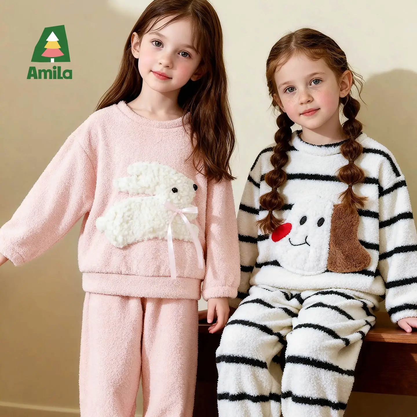 

Amila Kids Girls' Winter Coral Velvet Home Clothing Set With Plush Cartoon Pattern Thickened, Warm, Loose And Casual