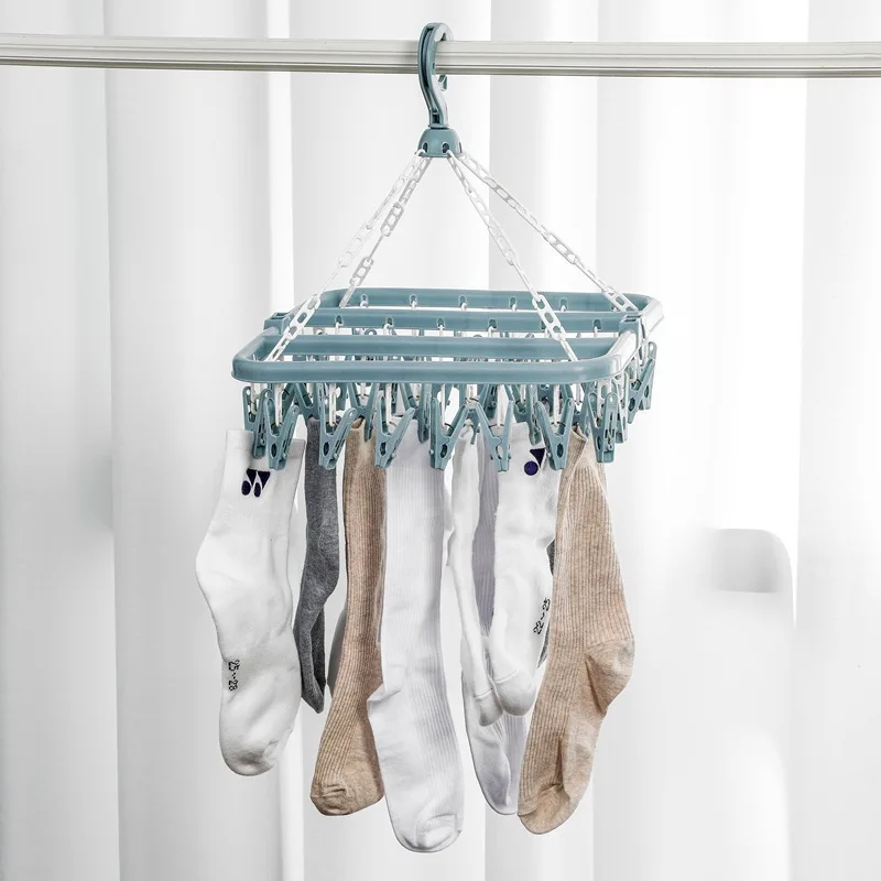 Clothes Drying Hanger with 32 Clips and Drip Foldable Hanging Rack for Socks,Bras,Towel,Underwear,Hat,Scarf,Pants,Baby Clothes