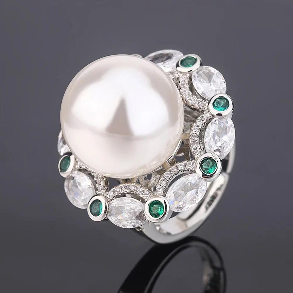 Vintage 16MM White Black Big Pearl Gemstone Rings for Women Cocktail Party Fine Jewelry Accessories Anniversary Gift Wholesale