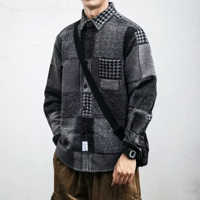 Spring Autumn New Retro Plaid Shirt Men's Japanese Style Brushed Jacket Trendy Long Sleeve Casual Versatile Woolen Shirt