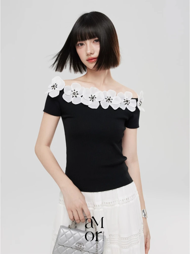 

Ele Summer Knitted One-oulder Floral Top Ayemorrey 'South France Garden' Breathable Moisture ng ort Sve T-irt