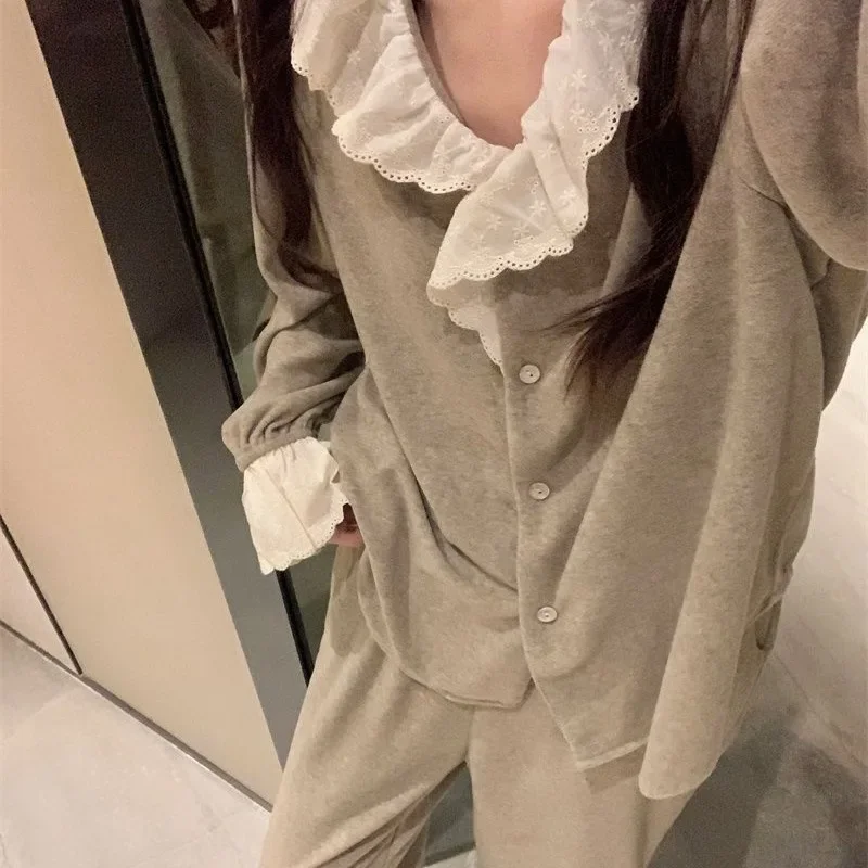 2024 Korean Style Pajamas Sweet Spring Autumn Sleepwear Women Long Sleeve Solid Color Home Suit V-neck Lace Nightdress