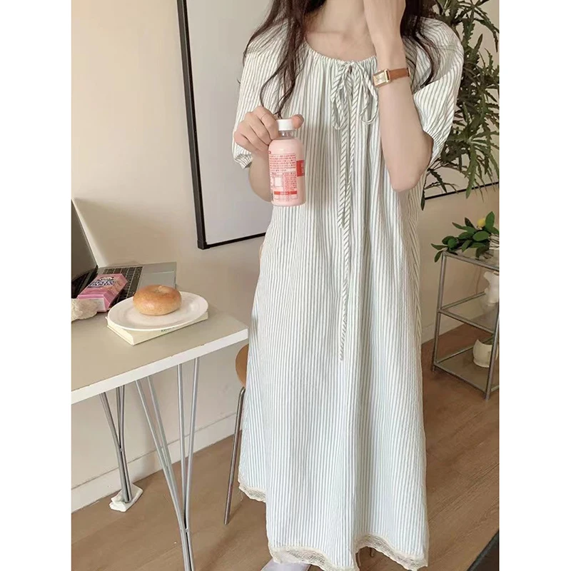 Striped Sleepwear Woman Short Sleeves Nightgown Korean Night Dress Summer One Piece Pajamas Dress Ruffles Night Wears 2024 New