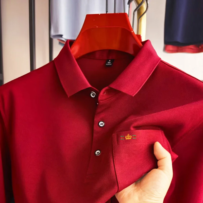 الراقية الاتجاه العلامة التجارية الرجال قميص بولو طويل الأكمام بسيط بلون الجلد ودية الراحة تاج مطرزة جيب تي شيرت جديد #4