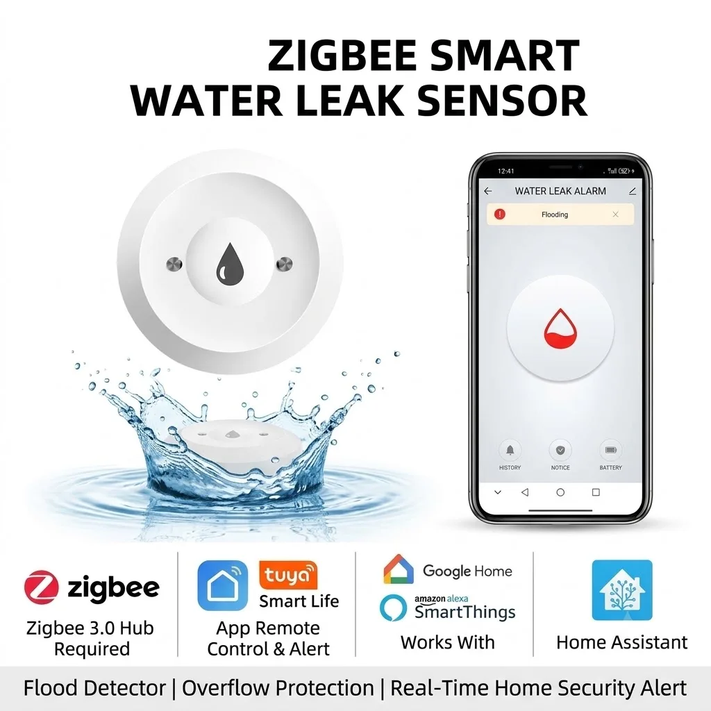 Zigbee Smart Wasserlecksensor, Hochwassermelder, kompatibel mit Tuya Smart Life, Wasserleck-Überlaufalarm, Fernwarnung, Haussicherheit