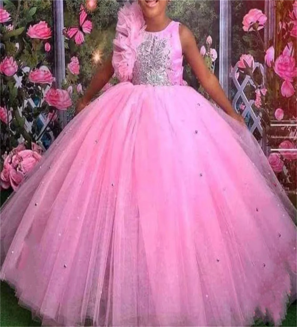 

Flower Girl Dresses Pink Little Kids Birthday Party Lace Appliqued Tiered Tulle Dress First Communiony Custom Princess