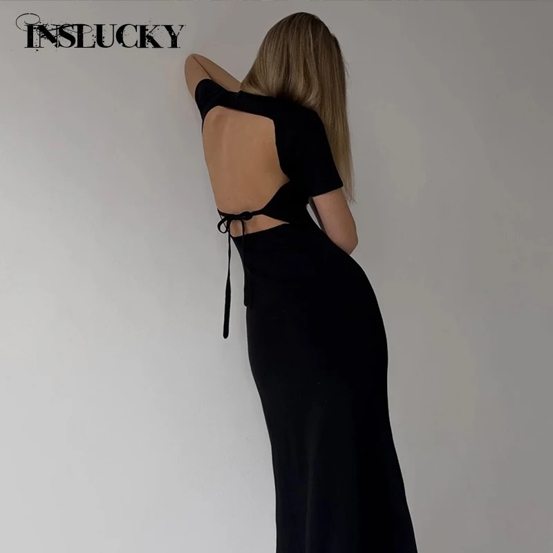 InsLucky Sexy Backless Casual Midi Dress Women Short Sleeve O Neck Bodycon Solid Dresses Elegant Office Lady Clothing Summer