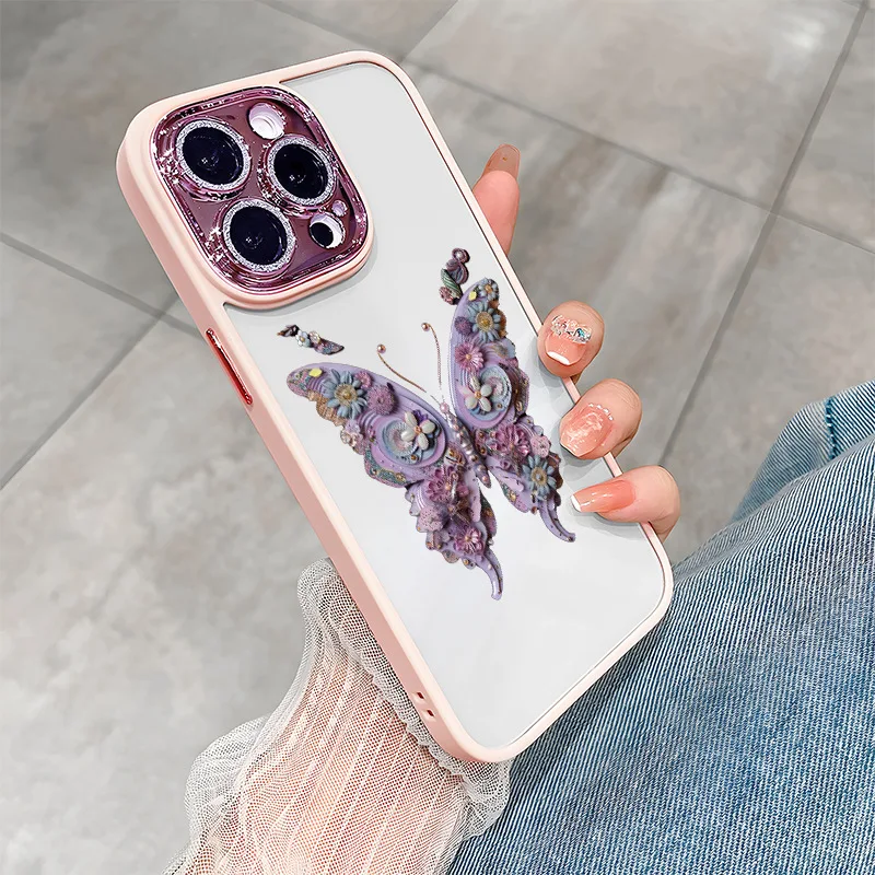 Butterfly Painted Clear Phone Case For iPhone 15 14Plus 13 12 11Pro Max With Glitter Lens Film Anti-fall Protective Cover Fundas