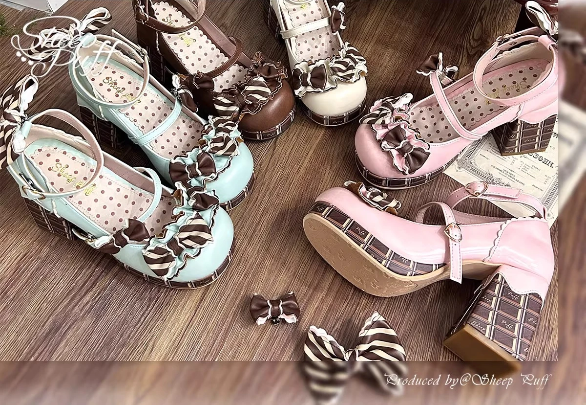 PU High Heel Rubber Sole 2cm Waterproof Table Lolita Sweet Bow Heels Lace Embellished Chocolate Pattern Heel Womens Shoes