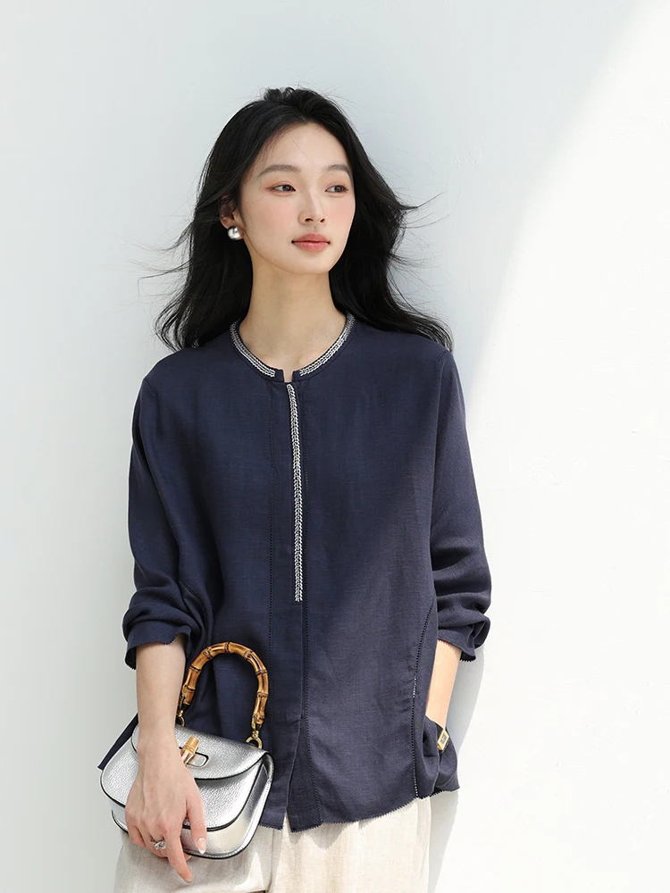 

Женская модная блузка Ele Simple Comfortable с круглым вырезом, тяжелой вышивкой, из дышащего льна, свободного кроя, с индивидуальным дизайном