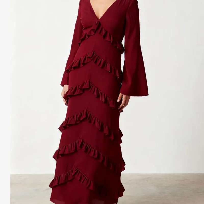 2025秋冬 長袖 レディース 気質 スリム メッシュ Vネック ワンピース