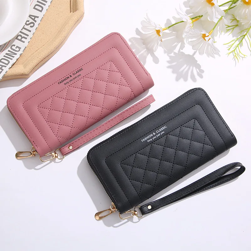 Women's Pu Leather Long Wallets Large Capacity Wallet Zipper Coin Purse Card Holder Ladies Clutch Cellphone Wallet with Wristlet