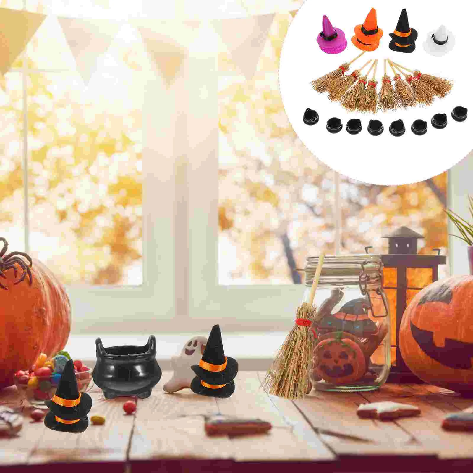 

Halloween Gnome Hat Witch Bucket Set Mini Dolls Cauldron Tiny and Broom Dollhouse Brooms