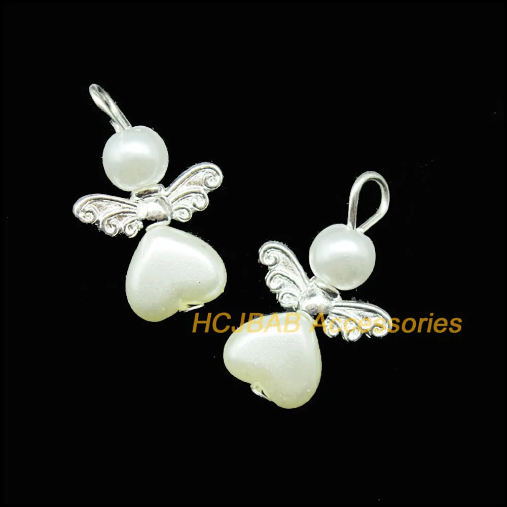 20 New White Acrylic Angel Charms Silver Plated Tiny Heart Pendants 14x22mm