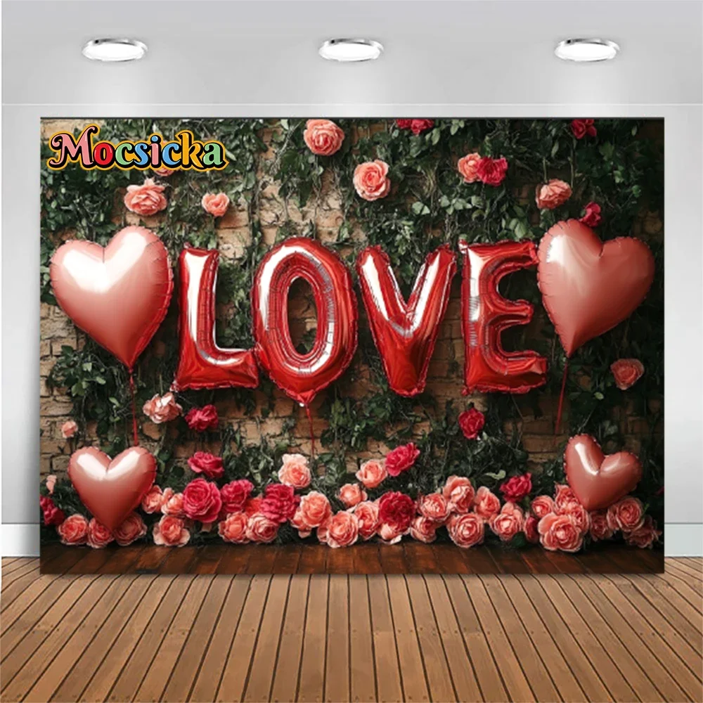 Mocsicka February 14 Valentine's Day Backdrop Romantic Scenes Red Love Heart Floral Wedding Portrait Photography Background prop