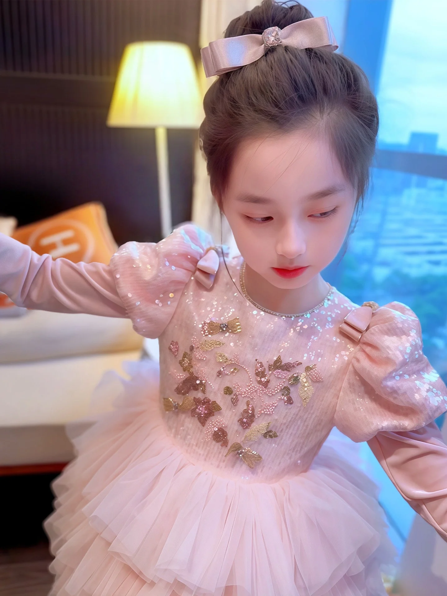 Custom light luxury dress women wedding guest gown girls wedding gown birthday party pageant puff long sleeve 3d floral layered
