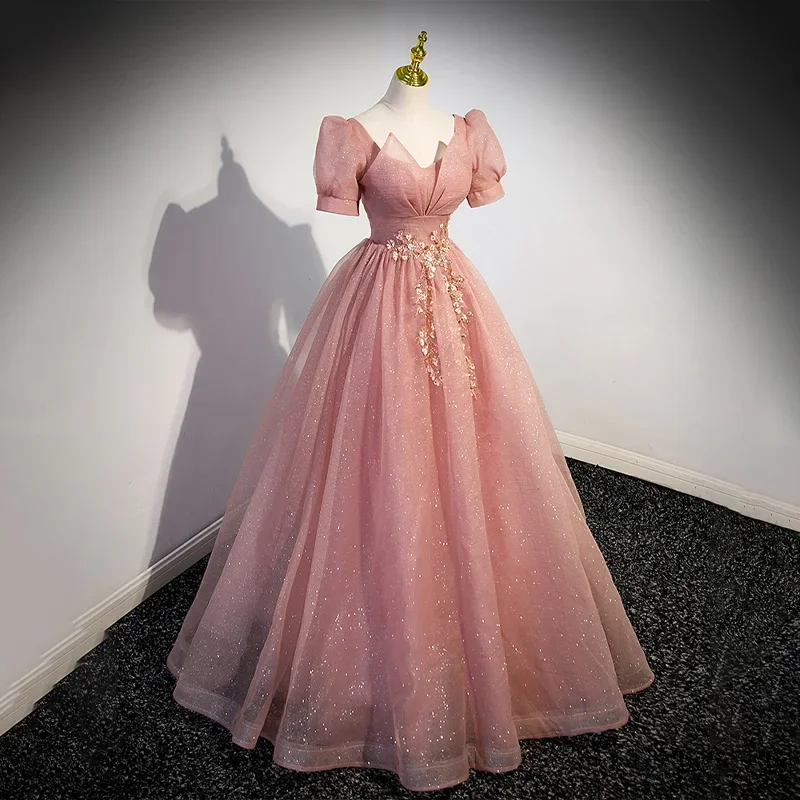 Evening Dress Short Sleeves Pleat Tulle A-Line Floor-Length Lace Up Pink Square Collar Sequins Party Formal Dresses Woman B2762
