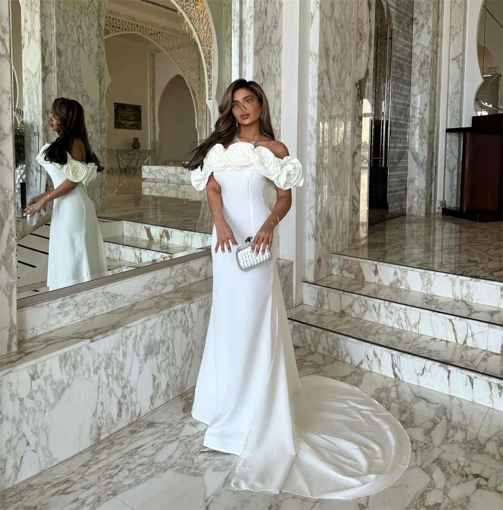 Suknie wieczorowe Mila z odkrytymi ramionami, białe, szyte na miarę, syrenka, sukienka na studniówkę z kwiatami 3D, 2025, tren dworski, zapinana na zamek, suknie formalne na przyjęcie weselne.