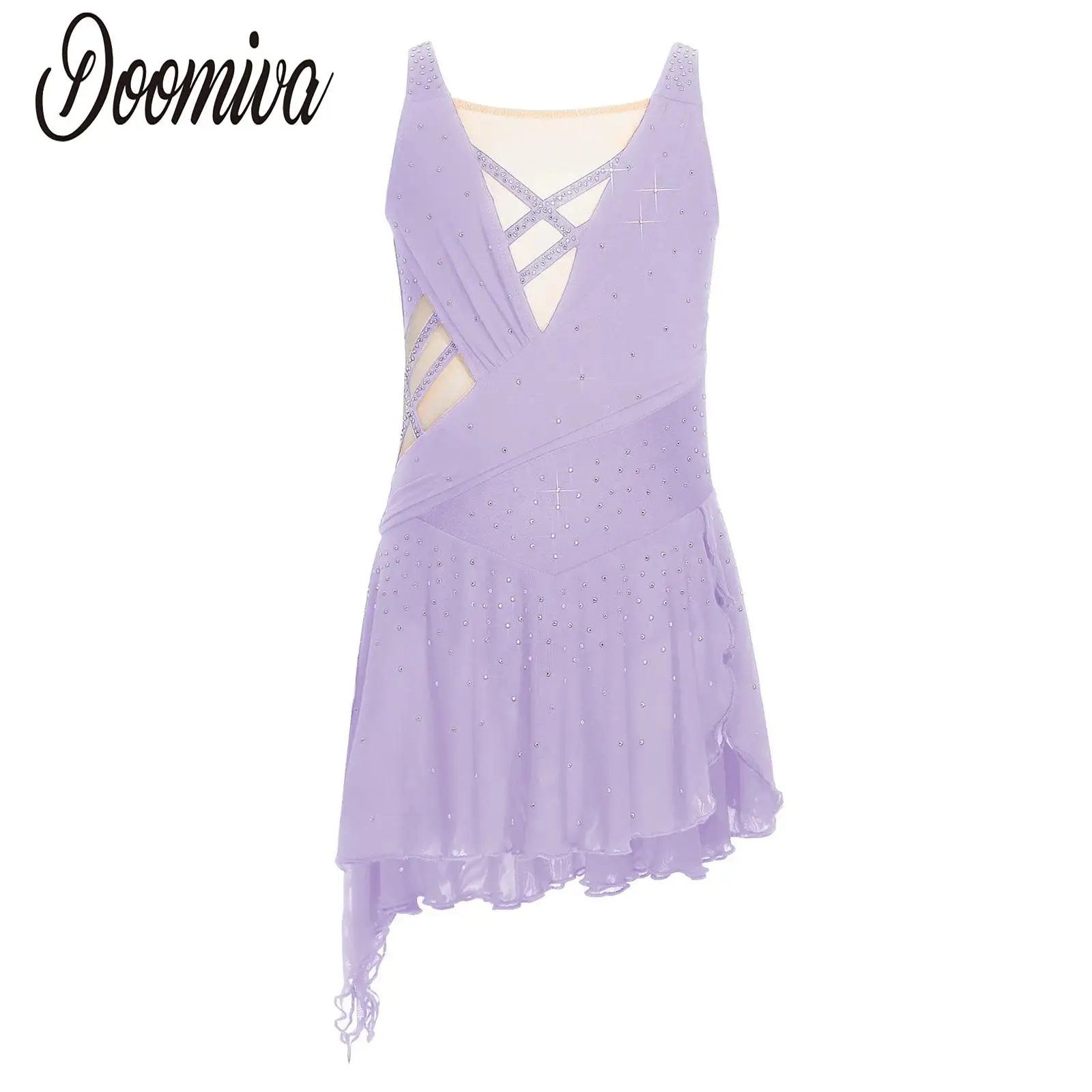 

Детское платье для лирических танцев для фигурного катания для девочек, прозрачное сетчатое лоскутное платье без рукавов с перекрещивающейся спиной, асимметричный подол, платье для выступлений