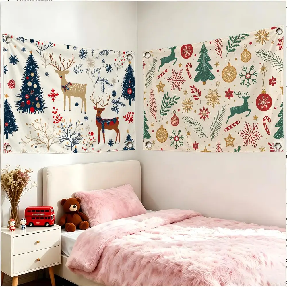 Festive Holiday Fresh Retro Style Christmas Flags Borderless Four Ring Ornament Indoor Outdoor Decoration Quick Hang Install