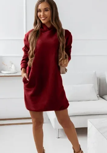 Women\'s Hoodie Street Loose Solid Color Dress Long Sleeve High Waist Hooded Sweatshirt Mini Dress Autumn Winter