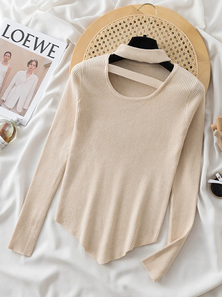 Korean Hollow Out Halter High Neck Women\'s Sweater Autumn Winter Soft Pullover Jumper Warm Women Knitwear Sweater Solid Tops