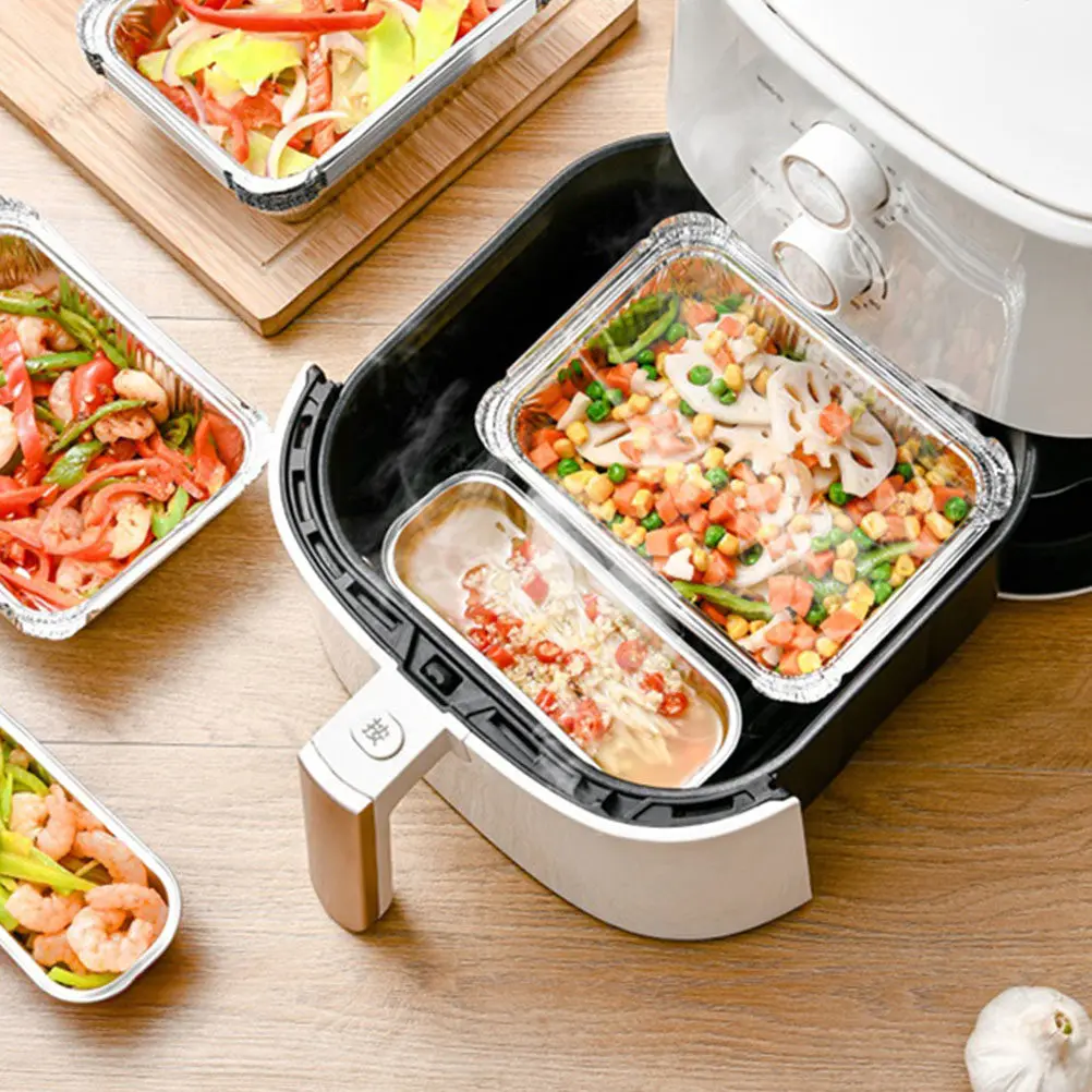 

10pcs Tin Foil Boxes Heavy Duty Roasting Pans For Oven Air Fryer Grill Bbq Camping Baking Tools Aluminum Food Containers Kitchen