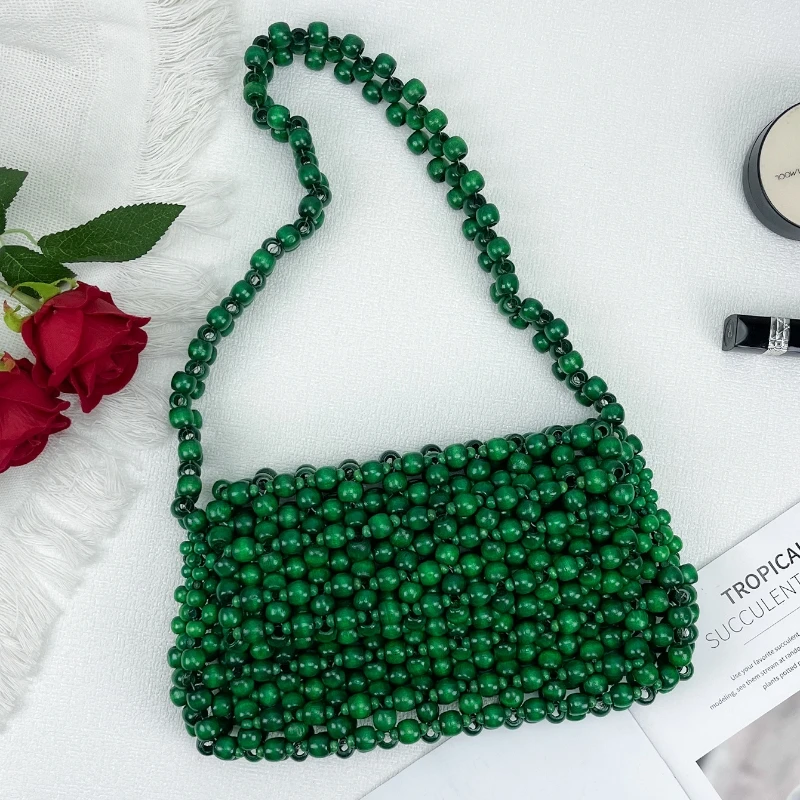 

2026 Spring Green Acrylic Beaded Shoulder Bag Handmade Bead Weave Evening Underarm Bag Fashion Flip Cover Banquet Bag Female