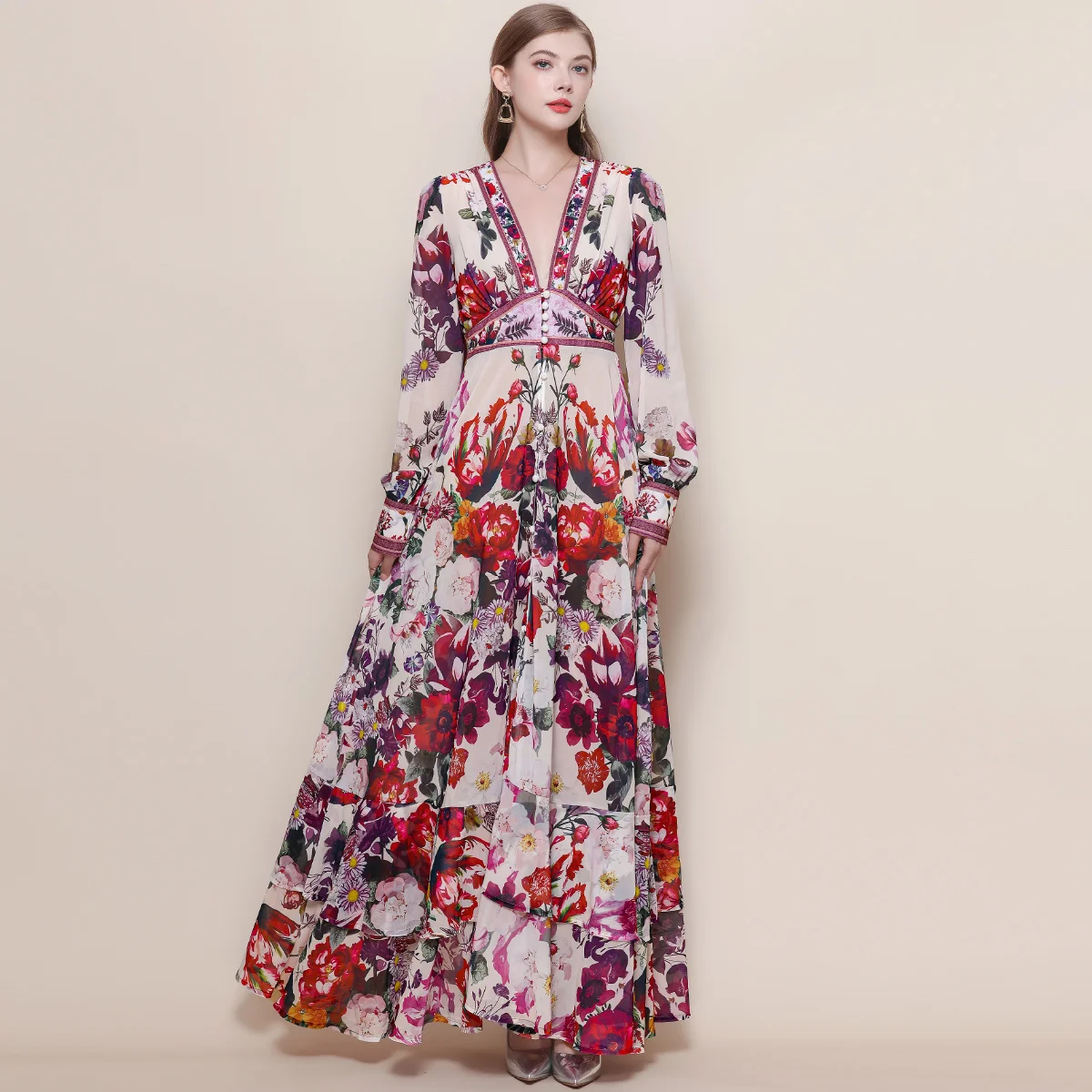 

Bohemian Floral Printed Long Dress For Women Fashion V-neck Half Sleeve Oversized Maxi Dress Lady 2025 Chic Vacation Vestidos
