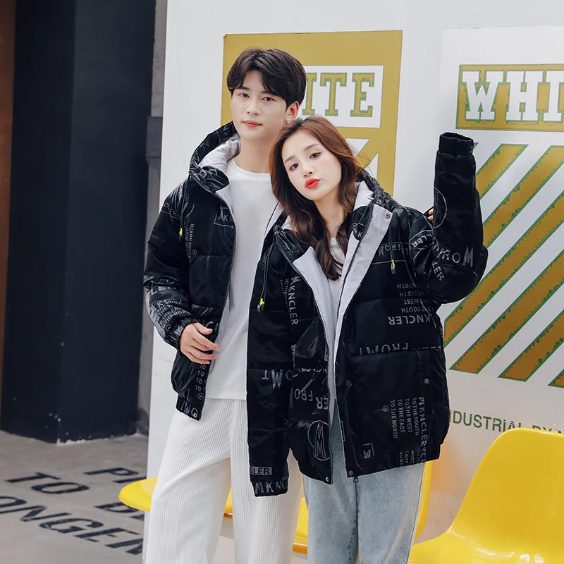

Korean Sle ort Hooded Thiened Winter down Jaet Men's Women's Couple's Coat Printed fiti Bla Durable Polyester
