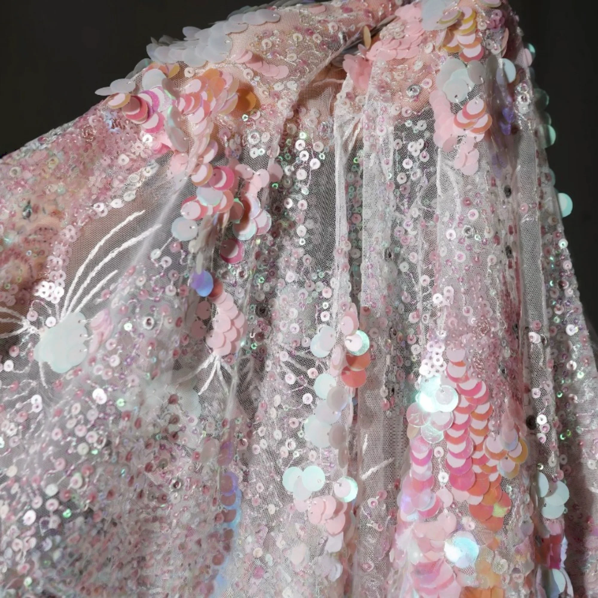 0.5meter Pink Crystal Sequin Background Fabric for DIY Romantic Creative Embroidered Wedding Dress Design
