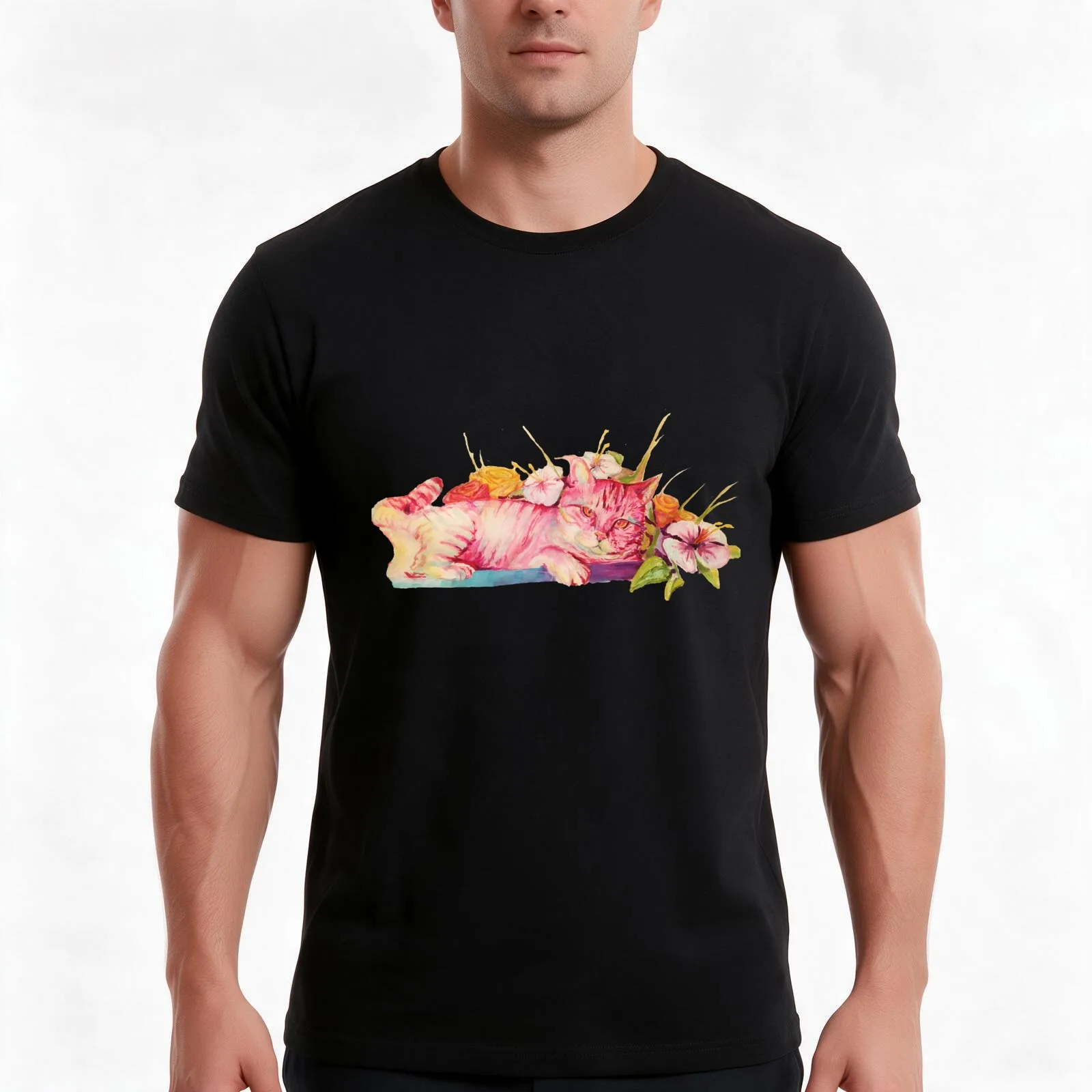 Flora and Feline T-Shirt, Summer Casual Cotton Tee, Oversized Streetwear Tops, Vintage Graphic Print, Loose Fit Short Sleeve
