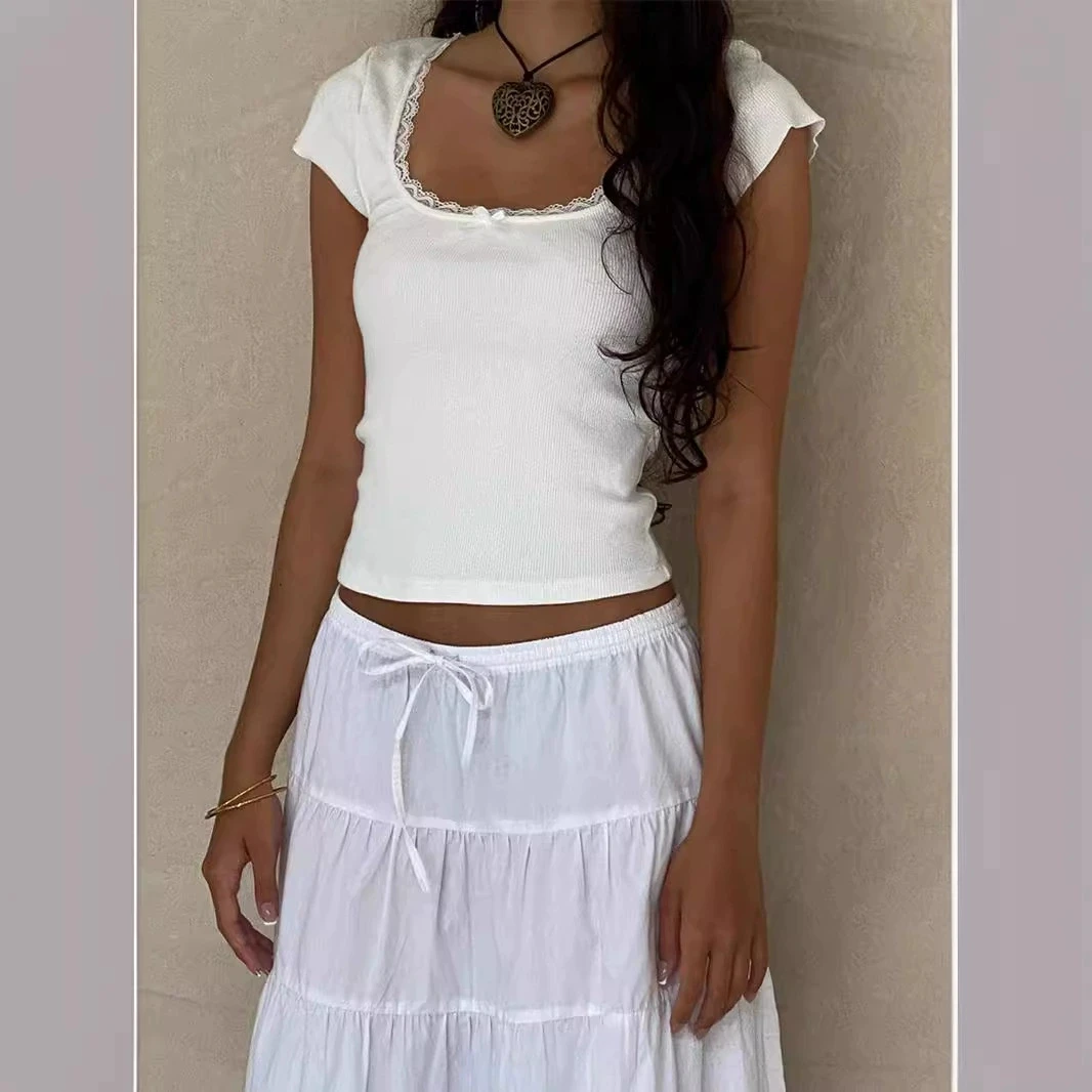 Y2k Vintage Baby T-Shirt Cottage Spitzenbesatz Gestricktes T-Shirt Sommer Square Neck Kurzarm T-Shirt Damen Weiß Milkmaid Crop Top
