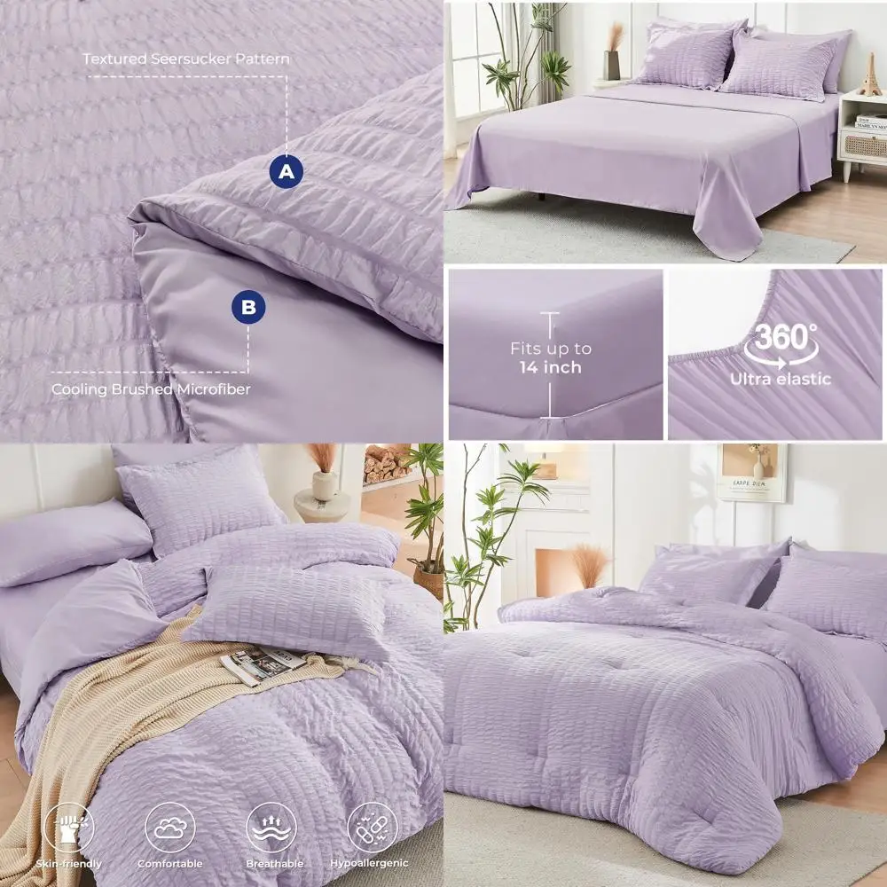

King Size Lavender Seersucker 7-Piece Comforter Set: All-Season Luxury Bedding with Sheets, Pillowcases & Shams