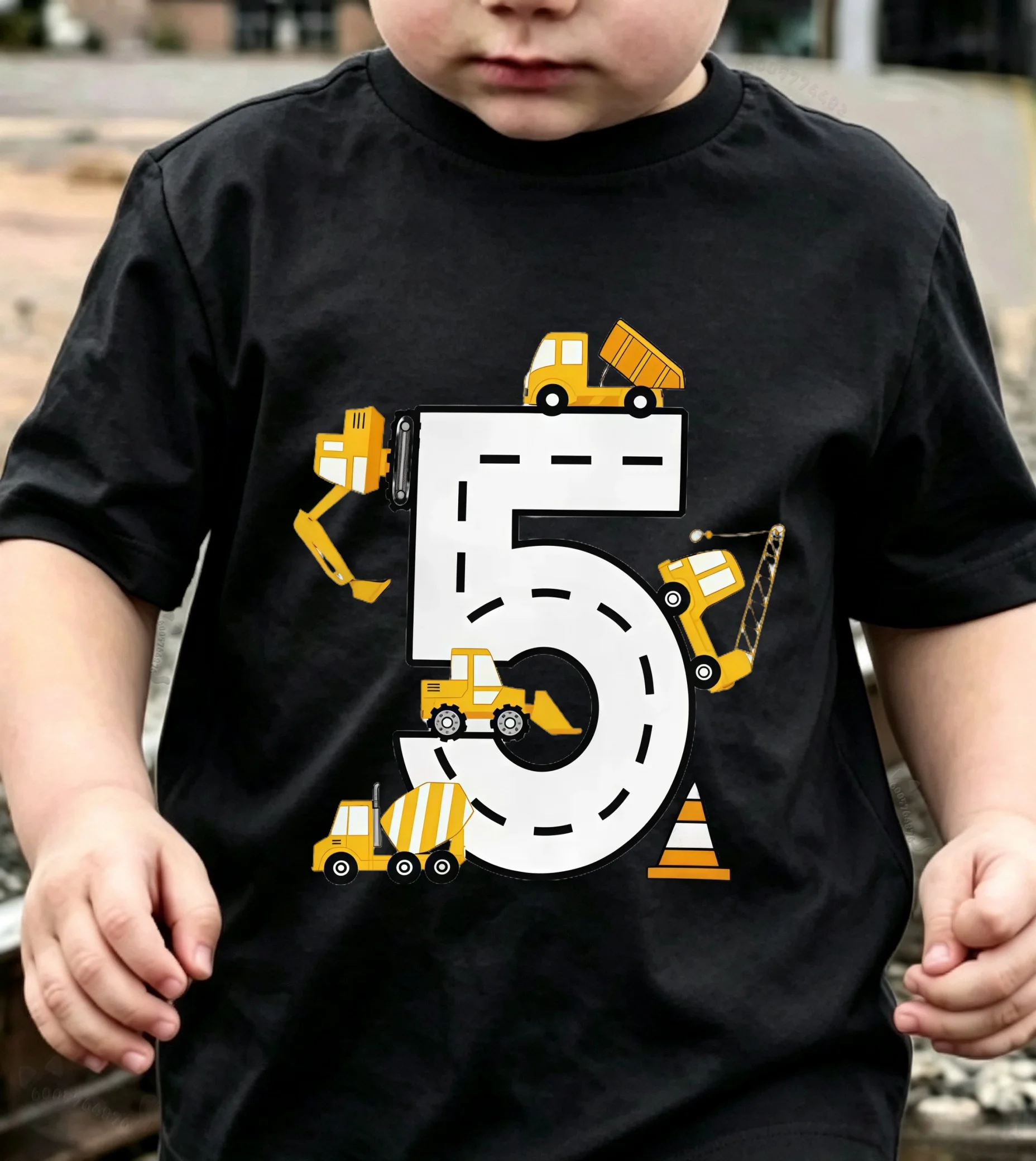 Latest model excavator construction truck printed children's pure cotton T-shirt for boys and girls - comfortable top