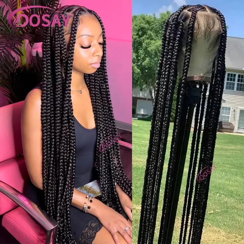 36Inch Grote Vierkante Knooploze Doos Gevlochten Pruiken Synthetische Full Lace Front Jumbo Box Gevlochten Pruik Voor Vrouwen Cornrows Vlechten Pruik