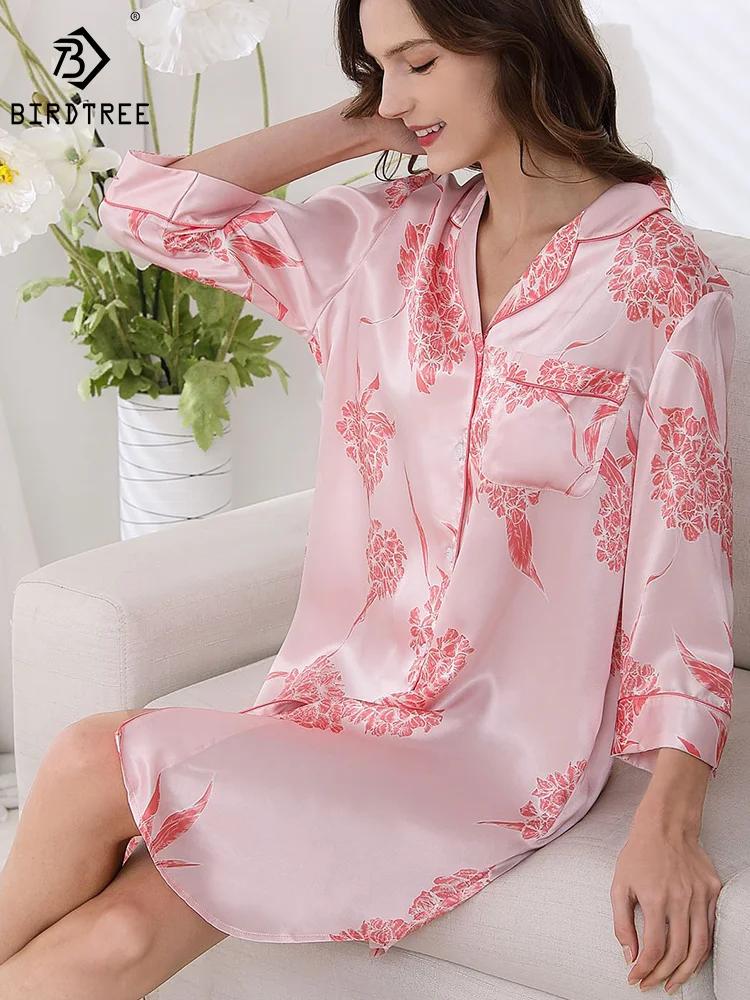 BirdTree, 19MM 100%Real Silk Pajamas Dress, Women Floral Print, Sexy Retro Loose Sleepwear, 2024 Summer New Nightgown P43997QM