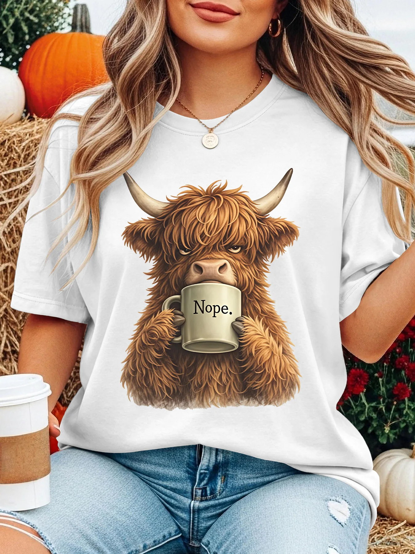 Women Crew Neck Tee Nope Highland Cow Holding Coffee Mug Graphic Print Short Sleeve Loose Ladies Cotton Plus Size Casual Top