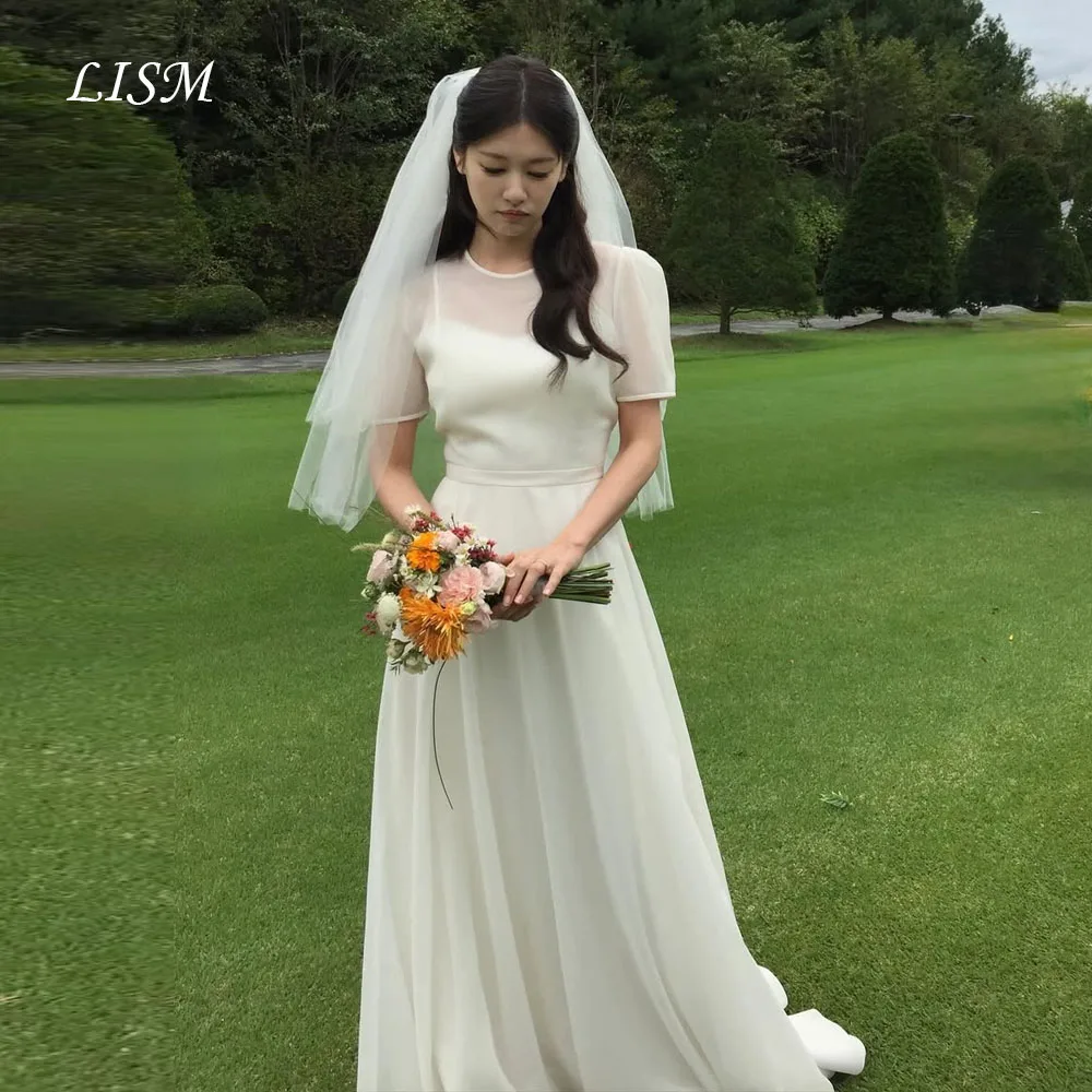 

LISM O-Neck A-Line Korea Wedding Dresses Silk Organza Short Sleeves Simple Elegant Bridal Gowns Customize Photo Shoot 웨딩드레스