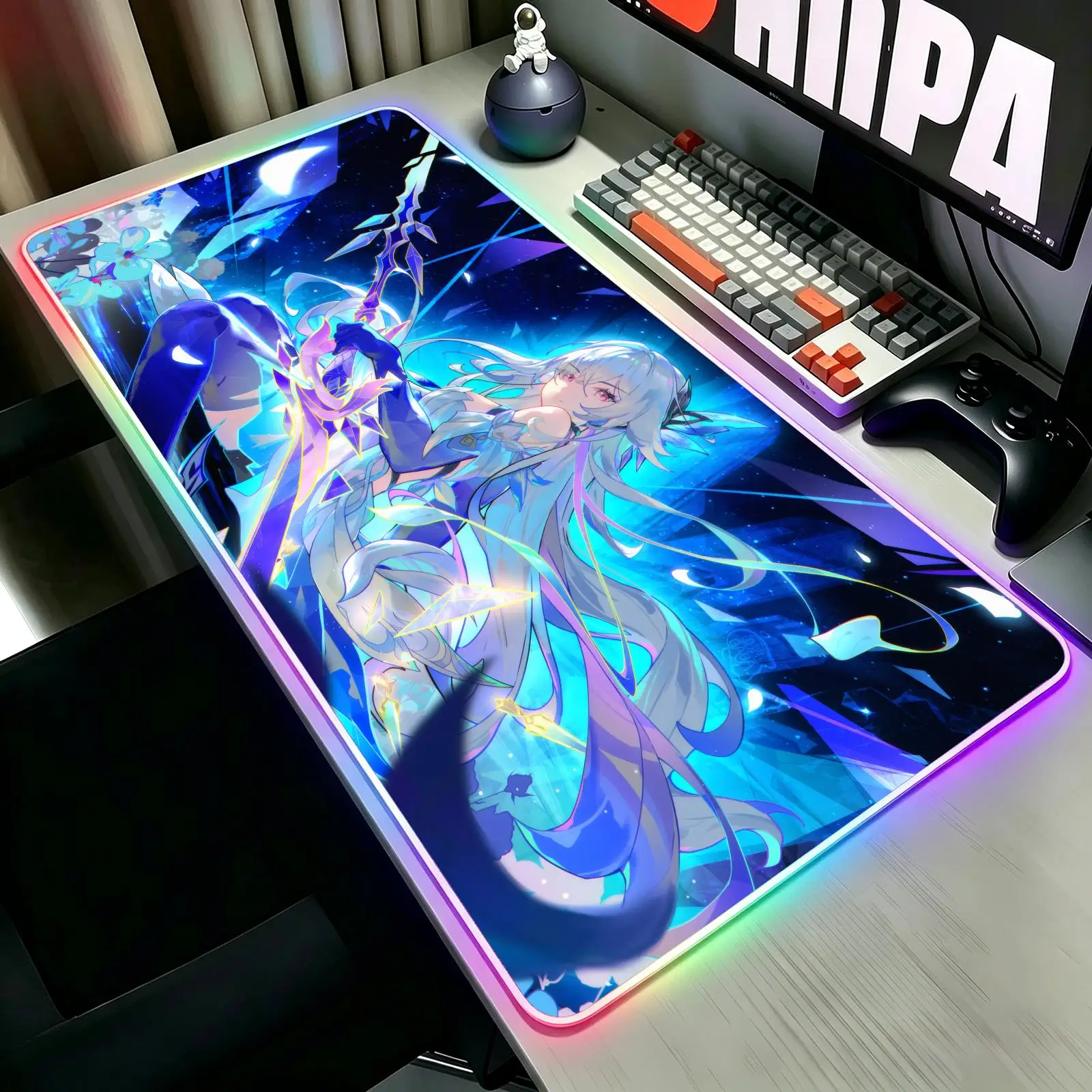 XXL RGB Glow Gaming Desk Pad, wearproof sewn border, anti-slip mat for desktop, bedroom & office use Genshin Impact Skirk