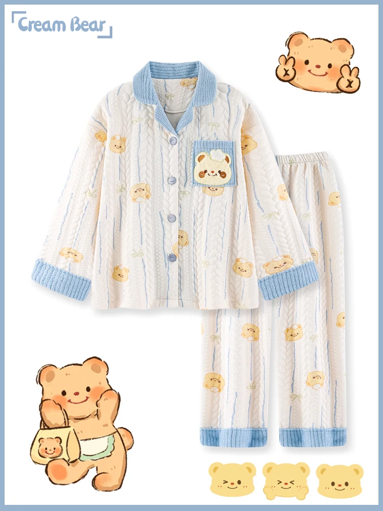 Cute Butter Bear Chiikawa Air Layer Fabric Nightwear Women Winter Cardigan Long Sleeve Trousers Home Wear Pajamas Set Gift