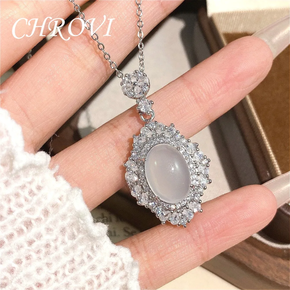 Luxuriöse Halskette aus 925er Sterlingsilber mit weißem Chalcedon-Cabochon für Damen, elegante Achat-Schlüsselbeinkette – Detail 3