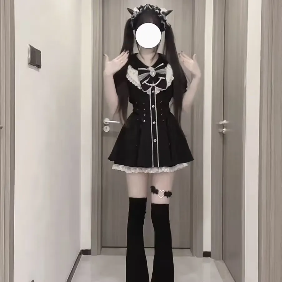 Kawaii Short Sleeve Skirt Sets Women Y2k Aesthetic Slim High Waist New Dress Suit Gray Check Chic College Style 2 Piece Outfits