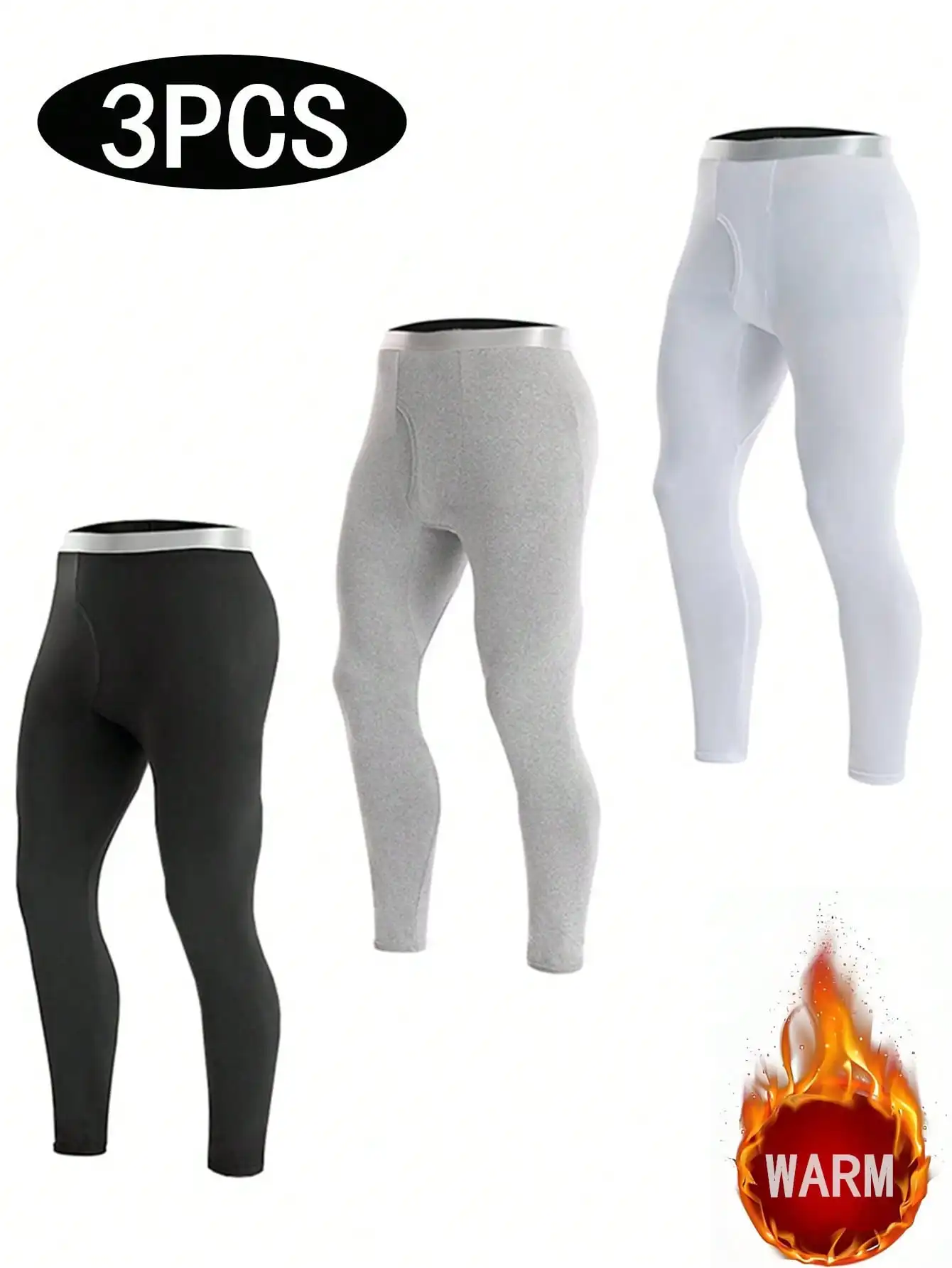 

3-Pack Men's Thermal Base Layer Leggings - Black, Gray, White - Warm Fitted Long Underwear for Cold Weather