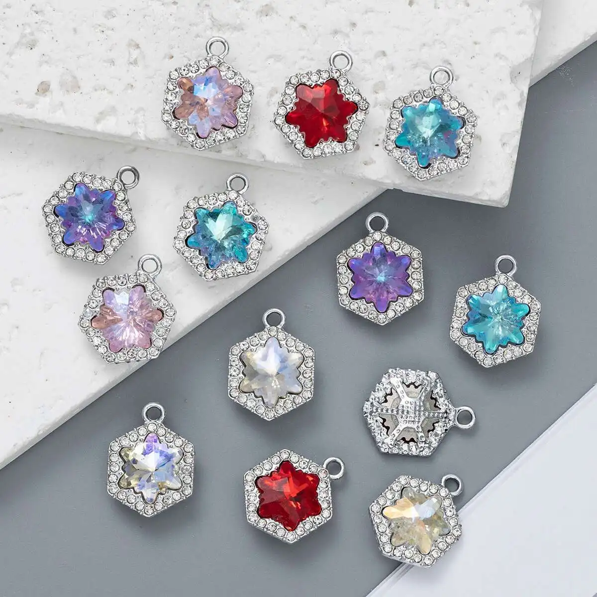 6pcs elegant snowflake pendants, DIY jewelry making accessories, dazzling bordered crystals, making handicrafts