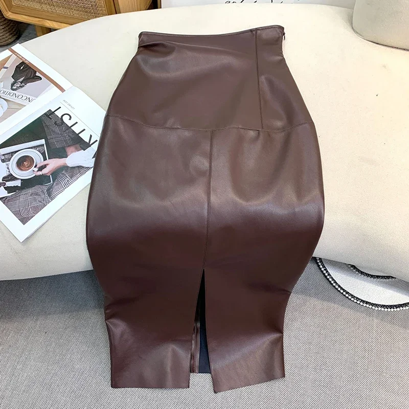 New PU Leather Long Skirt High Waist Ruched Slim Fit Midi Pencil Skirt For Women Elegant Commuter Party Wear