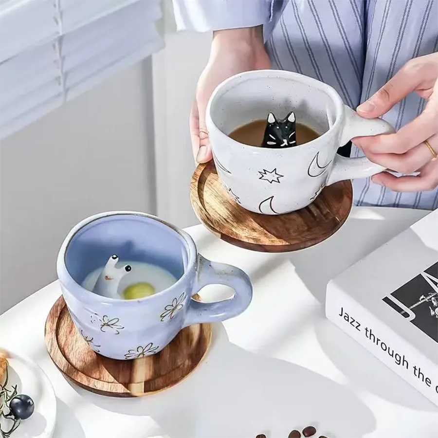 Cartoon 3D Animal Mugs Handmade Snail Cat Dog Daisy Cups Ceramic Kitchen Drinkware Cute Big Coffee Tea Mug Cup Fun Birthday Gift